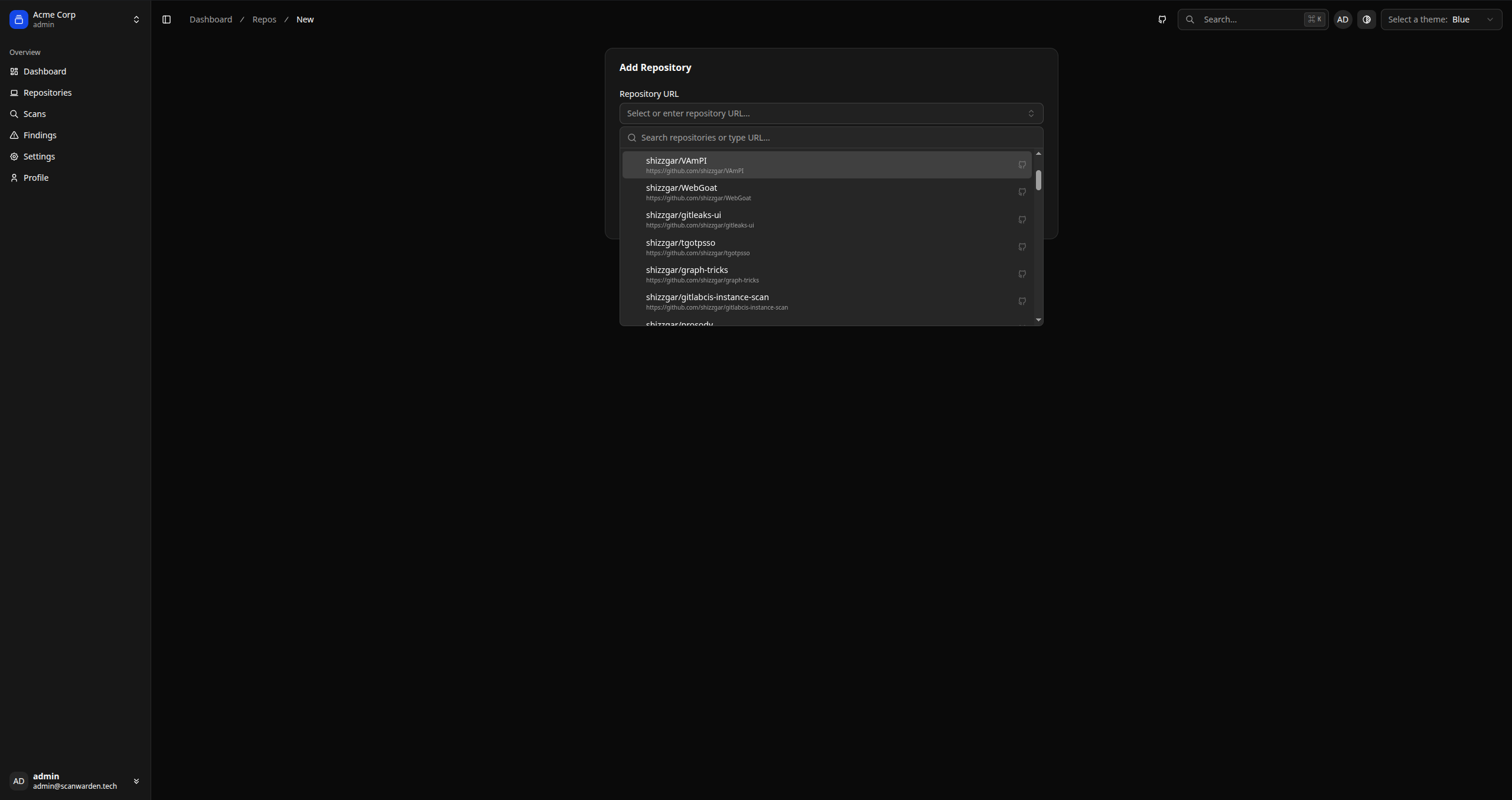 Screenshot: Repository selection list
