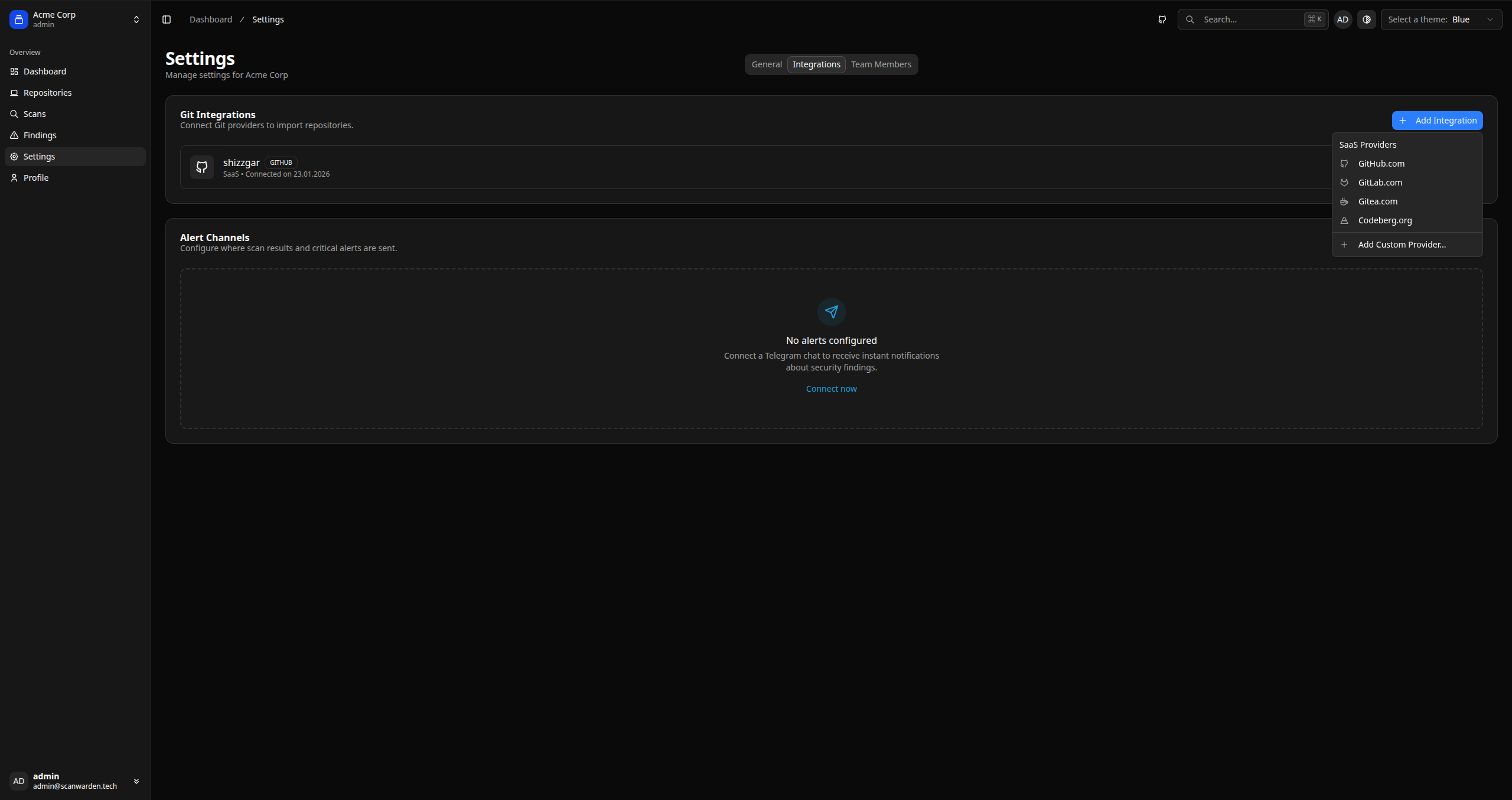 Screenshot: Integrations page with connect button