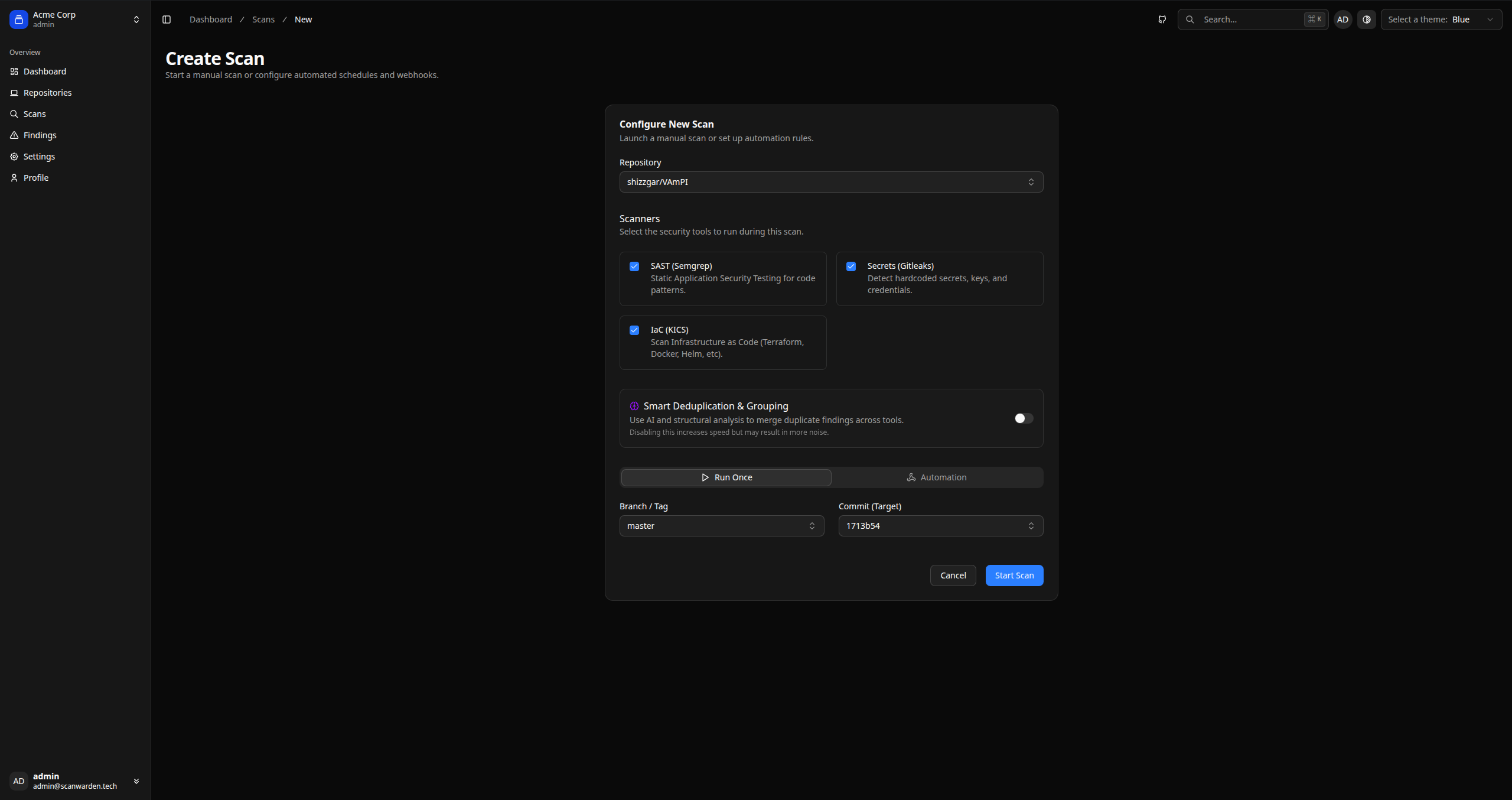 Screenshot: Scan launch/configuration form