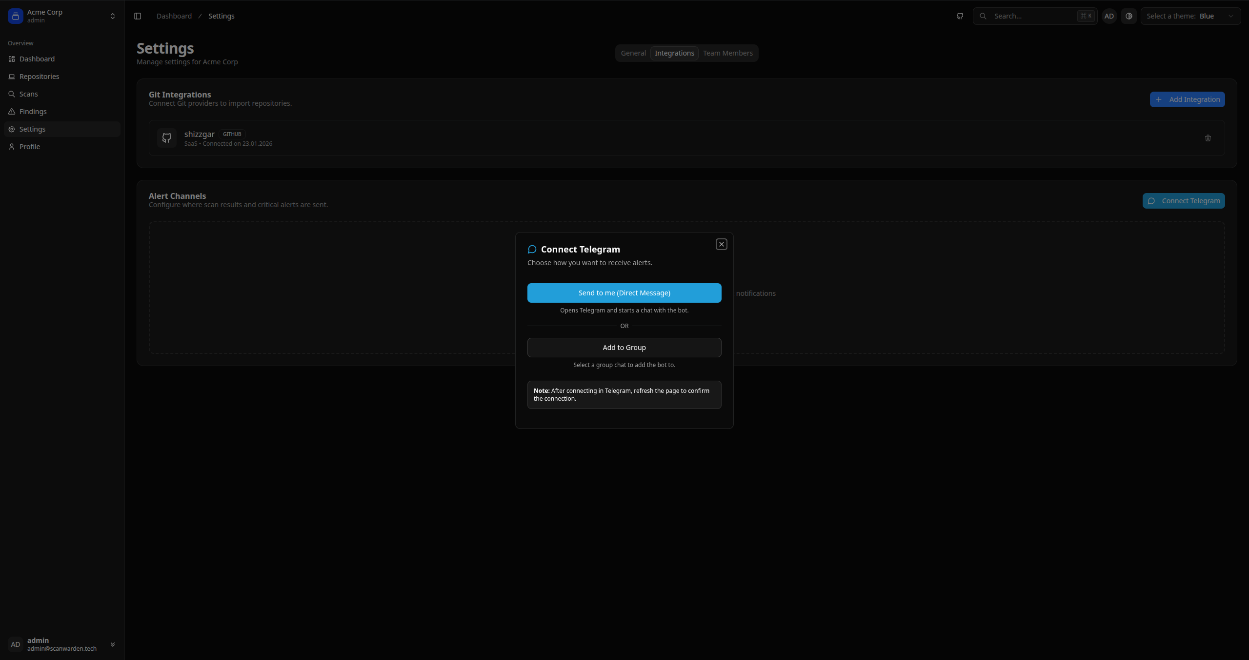 Screenshot: Telegram Connect Modal